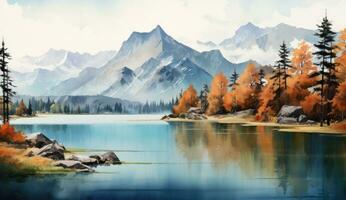 ai gegenereerd een herfst waterverf schilderij van een meer en bergen, foto