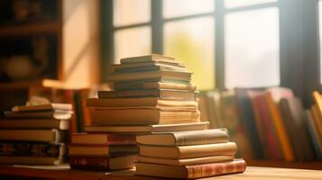 ai gegenereerd stapels van boeken badend in warm zonlicht Aan een houten tafel, met een wazig boekenplank in de achtergrond, oproepen tot een vredig lezing hoekje atmosfeer foto