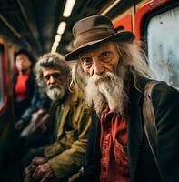 ai gegenereerd een groep van oud mannen zijn wandelen Aan een trein, foto