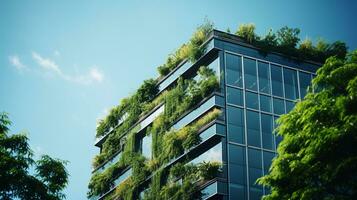 ai gegenereerd milieuvriendelijk gebouw in de modern stad. duurzame glas kantoor gebouw met boom voor verminderen koolstof dioxide. kantoor gebouw met groen omgeving. zakelijke gebouw verminderen co2. foto