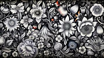 ai gegenereerd abstract bloemen patroon in zwart en wit kleuren. gotisch esthetisch foto