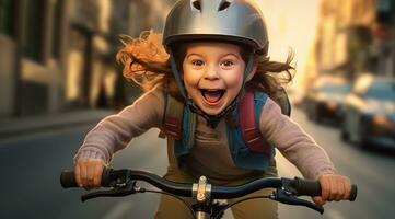 ai gegenereerd een schattig meisje vervelend een helm Aan haar fiets rijden naar beneden de straat, foto