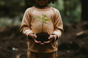 ai gegenereerd een kind is Holding een klein groen fabriek groeit in aarde omringd door groen Woud, foto