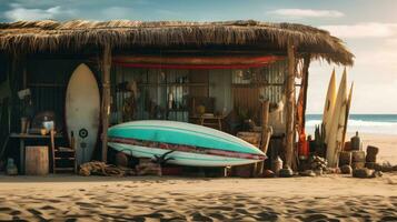 ai gegenereerd een strand huis met surfplanken Aan het, foto