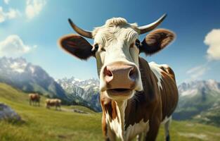 ai gegenereerd een koe is staand in een weide in voorkant van bergen, foto