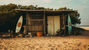 ai gegenereerd een klein cabine is zittend Aan de kust met surfplanken onder, foto