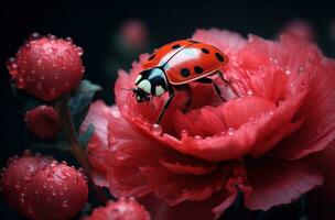 ai gegenereerd een rood lieveheersbeestje is Aan top van een bloem, foto