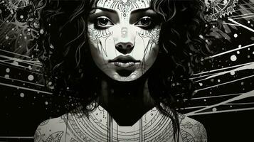 ai gegenereerd vrouw gezicht in een zwart en wit versie. abstract meetkundig ontwerp foto