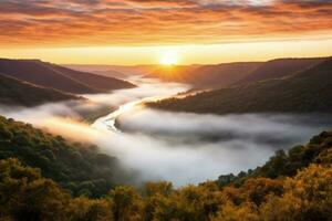 ai gegenereerd zonsopkomst in de nevelig ochtend- hd achtergrond behang foto