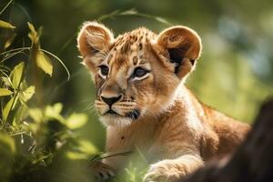 ai gegenereerd leeuw welp in natuur Aan zomer Woud achtergrond. detailopname dier portret. ai gegenereerd foto