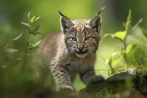 ai gegenereerd lynx welp in natuur Aan zomer Woud achtergrond. detailopname dier portret. ai gegenereerd foto