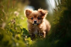 ai gegenereerd puppy in natuur Aan zomer Woud achtergrond. detailopname dier portret. ai gegenereerd foto