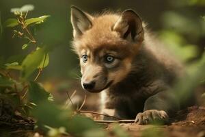 ai gegenereerd wolf welp in natuur Aan zomer Woud achtergrond. detailopname dier portret. ai gegenereerd foto