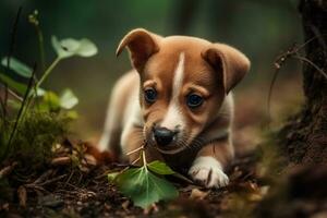 ai gegenereerd puppy in natuur Aan herfst Woud achtergrond. detailopname dier portret. ai gegenereerd foto