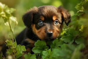 ai gegenereerd puppy in natuur Aan zomer Woud achtergrond. detailopname dier portret. ai gegenereerd foto