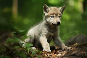 ai gegenereerd wolf welp in natuur Aan zomer Woud achtergrond. ai gegenereerd foto