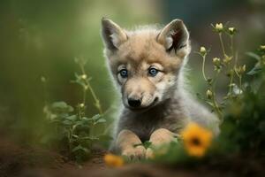 ai gegenereerd wolf welp in natuur Aan zomer Woud achtergrond. detailopname dier portret. ai gegenereerd foto