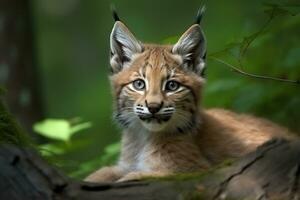 ai gegenereerd lynx welp in natuur Aan zomer Woud achtergrond. detailopname dier portret. ai gegenereerd foto