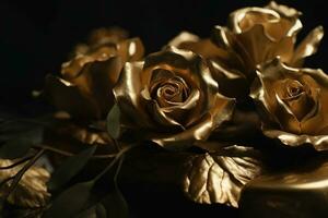 ai gegenereerd gouden rozen detailopname donker romantisch achtergrond. ai gegenereerd foto