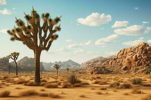 ai gegenereerd een woestijn landschap met veerkrachtig Joshua bomen foto