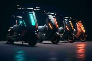 ai gegenereerd een in de rij gaan staan van futuristische elektrisch scooters met foto
