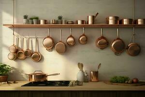 ai gegenereerd een minimalistische keuken met hangende koper potten foto