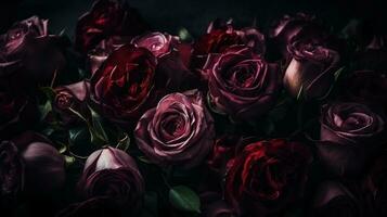 ai gegenereerd rood en roze rozen detailopname donker romantisch achtergrond. ai gegenereerd foto