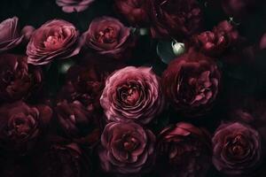 ai gegenereerd bordeaux kleur rozen donker humeurig romantisch achtergrond. detailopname bloemen kaart achtergrond. ai gegenereerd foto