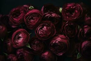 ai gegenereerd roze rozen donker humeurig romantisch achtergrond. detailopname bloemen kaart achtergrond. ai gegenereerd foto