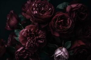 ai gegenereerd bordeaux kleur rozen donker humeurig romantisch achtergrond. detailopname bloemen kaart achtergrond. ai gegenereerd foto