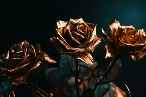 ai gegenereerd gouden rozen donker humeurig romantisch achtergrond. detailopname bloemen spandoek. ai gegenereerd foto