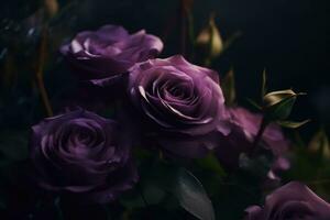 ai gegenereerd Purper rozen donker humeurig romantisch achtergrond. detailopname bloemen kaart achtergrond. ai gegenereerd foto