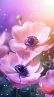 ai gegenereerd bloeiend anemoon bloemen met druppels van water detailopname achtergrond. voorjaar behang. ai gegenereerd foto