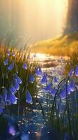 ai gegenereerd bloeiend klokje bloemen met druppels van water detailopname achtergrond. bloemen behang. ai gegenereerd foto