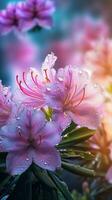 ai gegenereerd bloeiend azalea bloemen met druppels van water detailopname achtergrond. voorjaar behang. ai gegenereerd foto