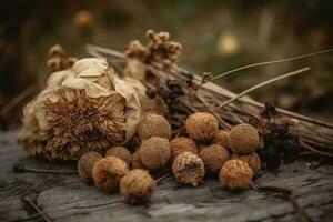 ai gegenereerd droog bloemen detailopname. herfst achtergrond foto