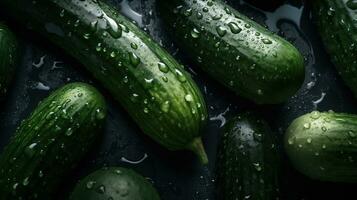 ai gegenereerd detailopname van komkommers met water druppels Aan donker achtergrond. groente behang foto