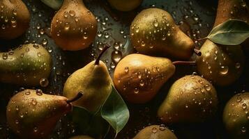 ai gegenereerd detailopname van peren met water druppels Aan donker achtergrond. fruit behang foto