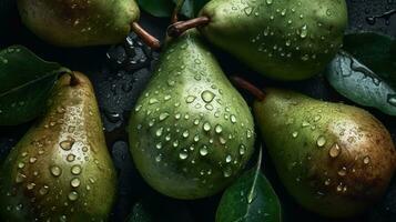 ai gegenereerd detailopname van peren met water druppels Aan donker achtergrond. fruit behang foto
