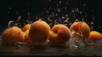 ai gegenereerd detailopname van abrikozen met water druppels Aan donker achtergrond. fruit behang foto