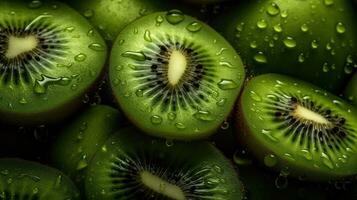 ai gegenereerd detailopname van kiwi met water druppels Aan donker achtergrond. fruit behang foto