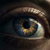 ai gegenereerd menselijk oog met heelal binnen detailopname, gouden iris Aan donker achtergrond. ai gegenereerd foto
