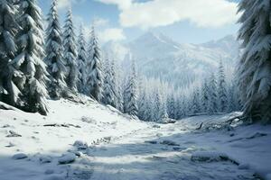ai gegenereerd een besneeuwd alpine Woud met groenblijvend bomen foto