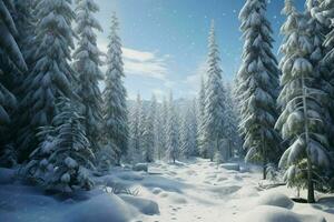 ai gegenereerd een besneeuwd alpine Woud met groenblijvend bomen foto