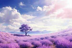 ai gegenereerd een zomer dag in een lavendel veld- met bomen foto