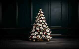 ai gegenereerd Kerstmis boom met goud decoraties in de stijl van donker groen foto