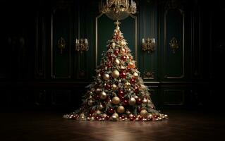 ai gegenereerd Kerstmis boom met goud decoraties in de stijl van donker groen foto