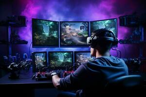 ai gegenereerd een virtueel realiteit gaming opstelling met beweging foto