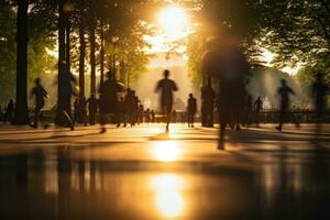 ai gegenereerd mensen jogging in park gedurende zonsondergang, beweging vervagen, generatief ai foto