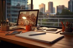 ai gegenereerd voorkant visie kantoor bureau met kantoor hulpmiddelen, computer laptop Aan hout tafel achtergrond met kopiëren ruimte. generatief ai foto